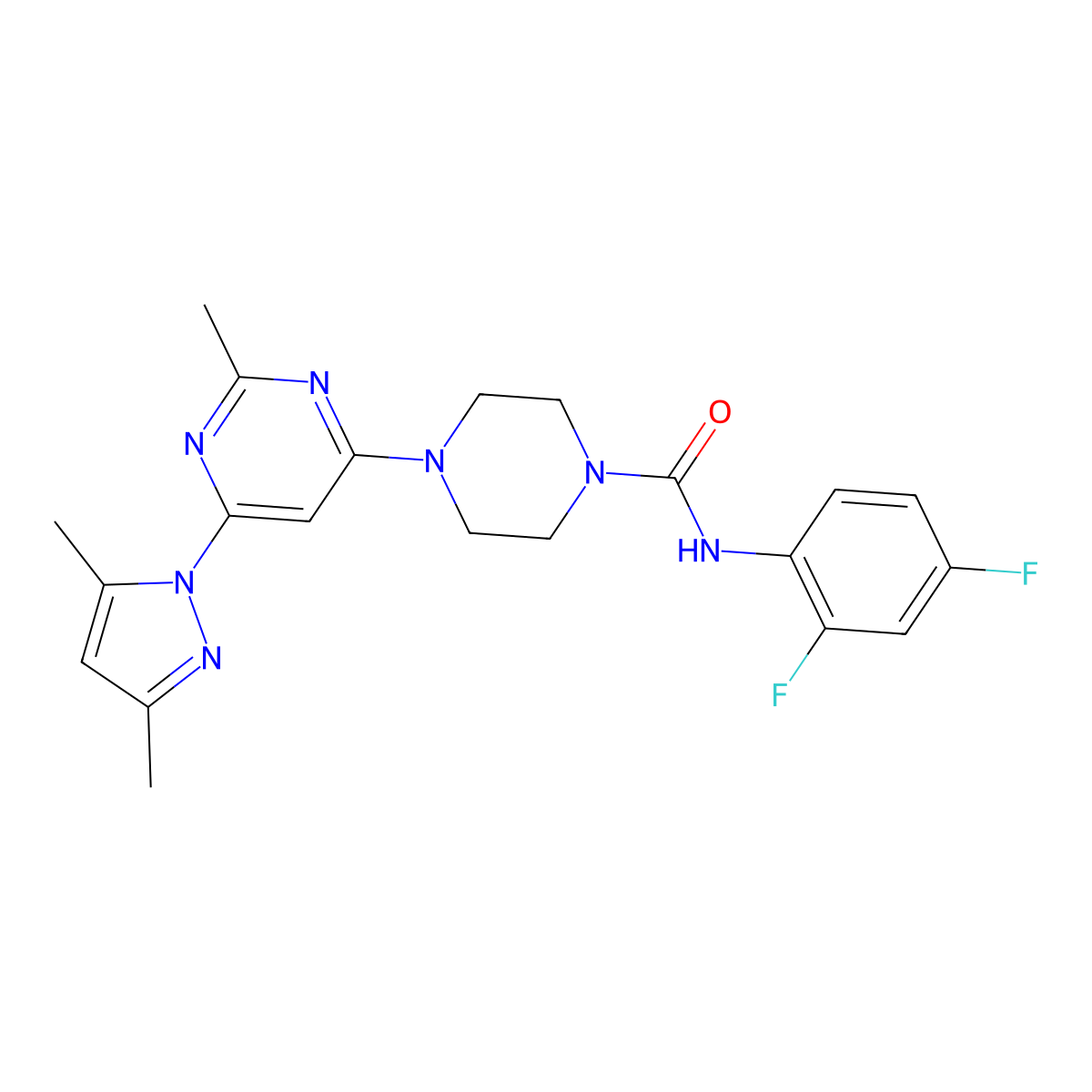 N-(2,4-difluorophenyl)-4-[6-(3,5-dimethyl-1H-pyrazol-1-yl)-2-methylpyrimidin-4-yl]piperazine-1-carboxamide molecular structure, CAS 1171322-47-6