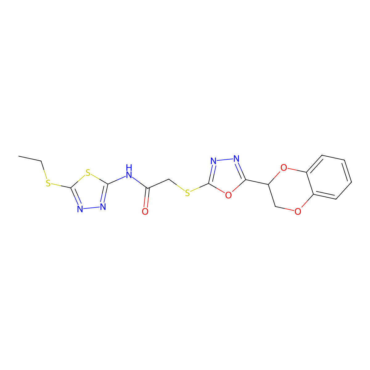 2-((5-(2,3-dihydrobenzo[b][1,4]dioxin-2-yl)-1,3,4-oxadiazol-2-yl)thio)-N-(5-(ethylthio)-1,3,4-thiadiazol-2-yl)acetamide molecular structure, CAS 1171323-42-4