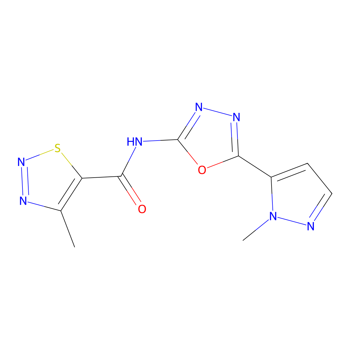 4-methyl-N-(5-(1-methyl-1H-pyrazol-5-yl)-1,3,4-oxadiazol-2-yl)-1,2,3-thiadiazole-5-carboxamide molecular structure, CAS 1171326-23-0