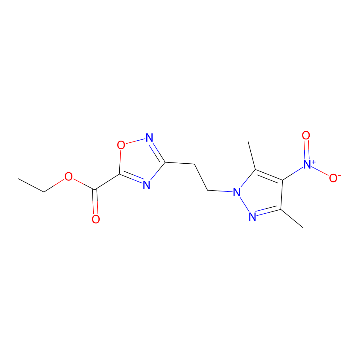 Ethyl 3-(2-(3,5-dimethyl-4-nitro-1H-pyrazol-1-yl)ethyl)-1,2,4-oxadiazole-5-carboxylate molecular structure, CAS 1171327-12-0