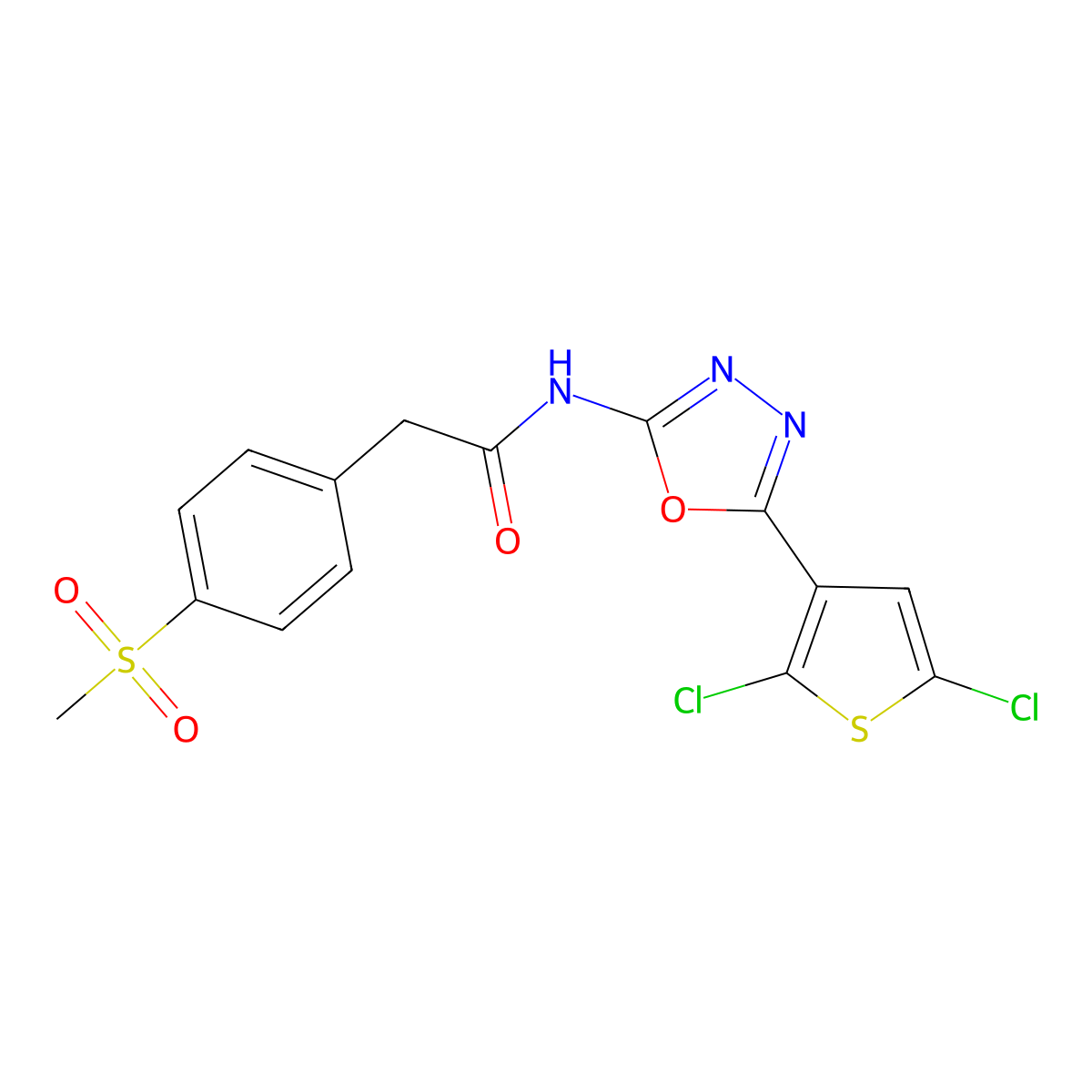 N-(5-(2,5-dichlorothiophen-3-yl)-1,3,4-oxadiazol-2-yl)-2-(4-(methylsulfonyl)phenyl)acetamide molecular structure, CAS 1171329-94-4