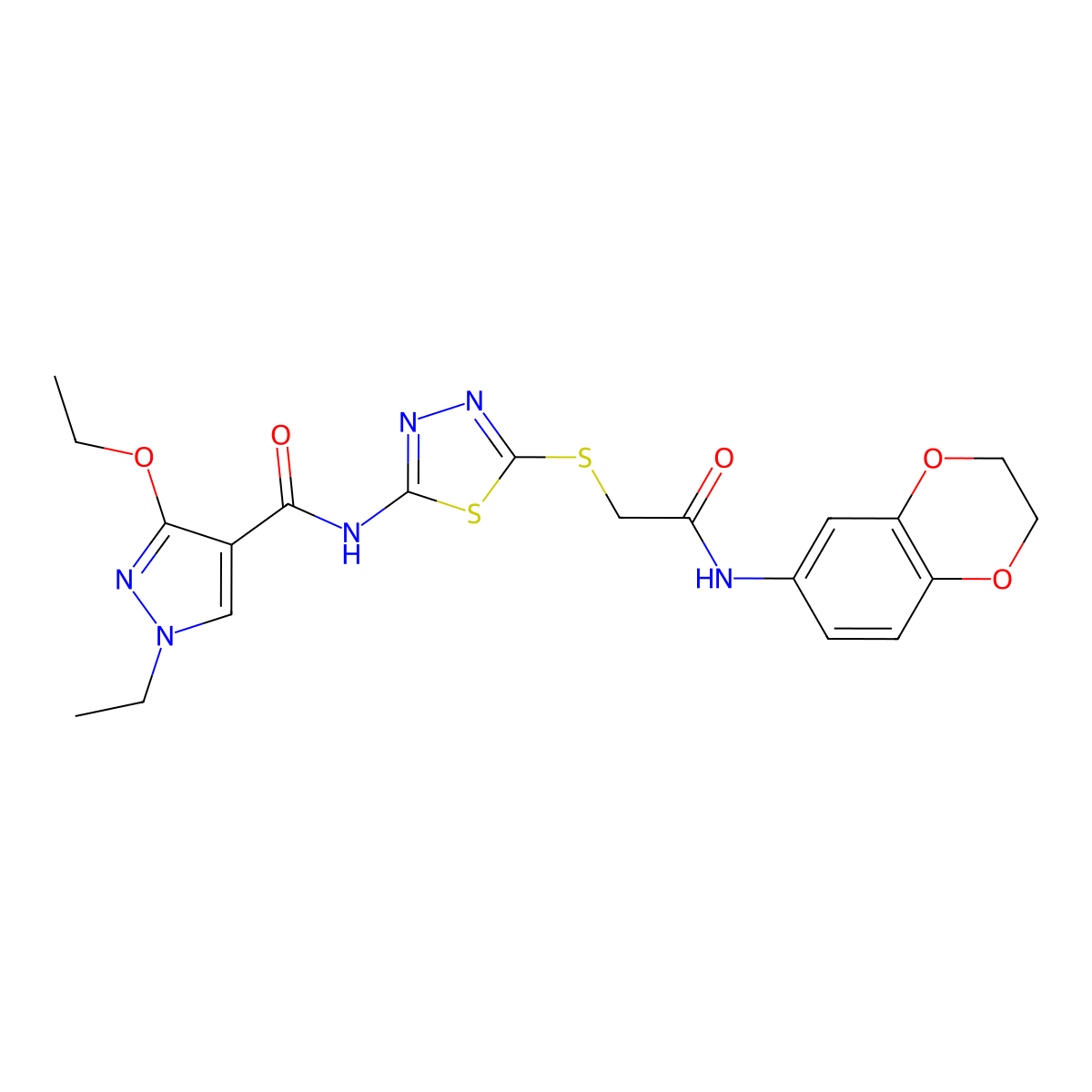 N-(5-((2-((2,3-dihydrobenzo[b][1,4]dioxin-6-yl)amino)-2-oxoethyl)thio)-1,3,4-thiadiazol-2-yl)-3-ethoxy-1-ethyl-1H-pyrazole-4-carboxamide molecular structure, CAS 1171330-03-2
