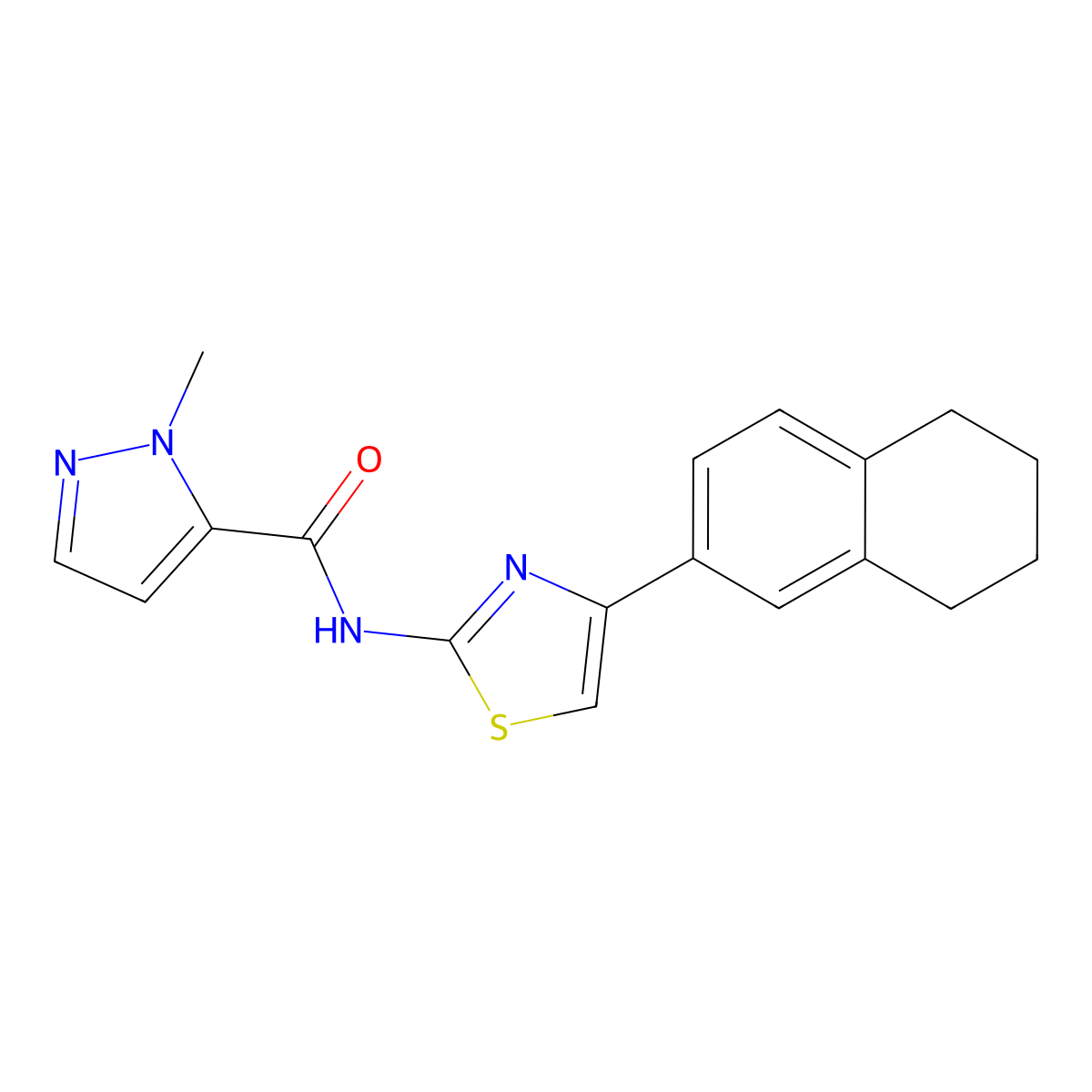 1-methyl-N-(4-(5,6,7,8-tetrahydronaphthalen-2-yl)thiazol-2-yl)-1H-pyrazole-5-carboxamide molecular structure, CAS 1171331-01-3