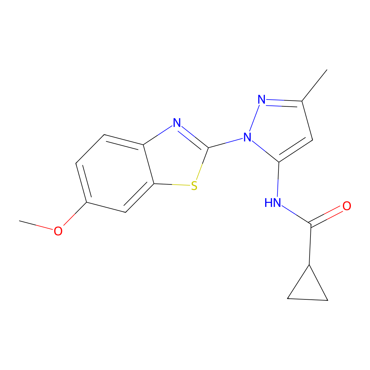 N-(1-(6-methoxybenzo[d]thiazol-2-yl)-3-methyl-1H-pyrazol-5-yl)cyclopropanecarboxamide molecular structure, CAS 1171331-53-5