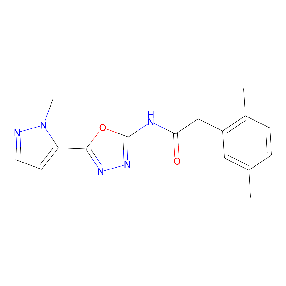 2-(2,5-dimethylphenyl)-N-(5-(1-methyl-1H-pyrazol-5-yl)-1,3,4-oxadiazol-2-yl)acetamide molecular structure, CAS 1171333-27-9