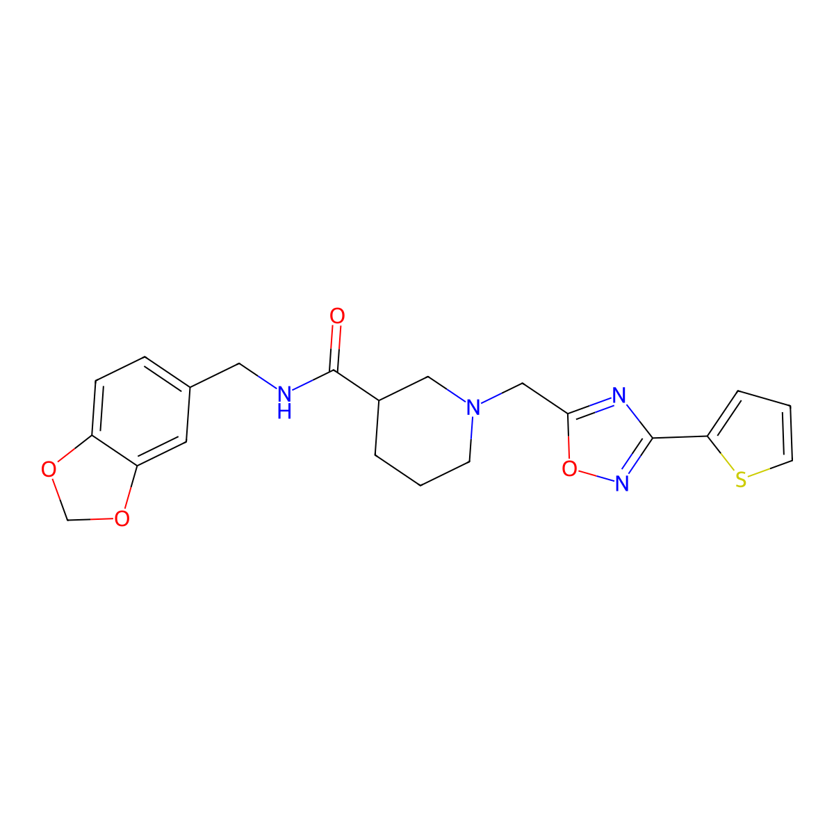 N-(benzo[d][1,3]dioxol-5-ylmethyl)-1-((3-(thiophen-2-yl)-1,2,4-oxadiazol-5-yl)methyl)piperidine-3-carboxamide molecular structure, CAS 1171334-10-3