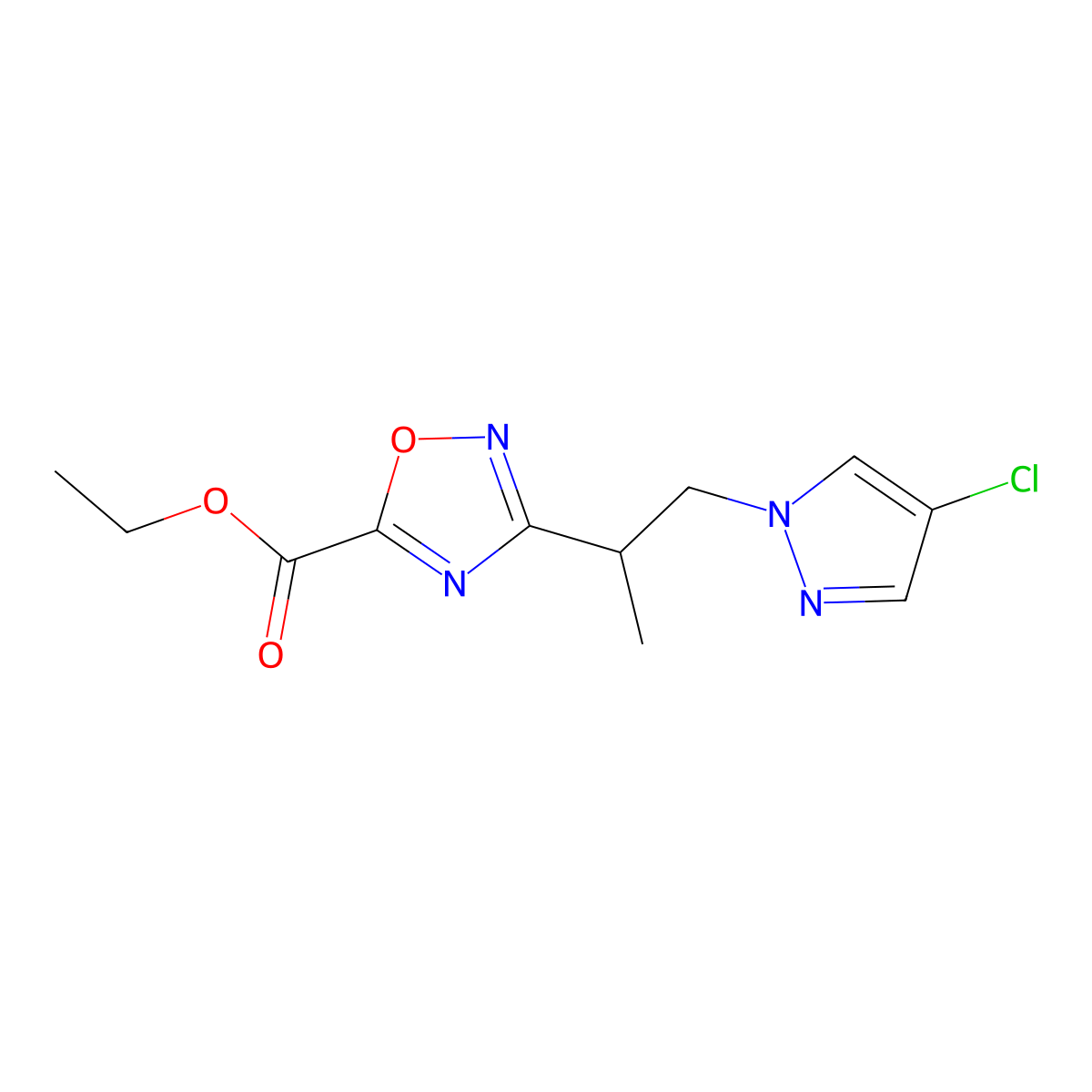 Ethyl 3-(1-(4-chloro-1H-pyrazol-1-yl)propan-2-yl)-1,2,4-oxadiazole-5-carboxylate molecular structure, CAS 1171337-26-0
