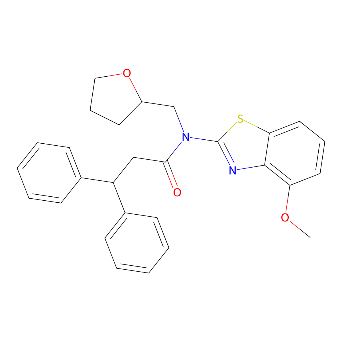 N-(4-methoxybenzo[d]thiazol-2-yl)-3,3-diphenyl-N-((tetrahydrofuran-2-yl)methyl)propanamide molecular structure, CAS 1171337-51-1
