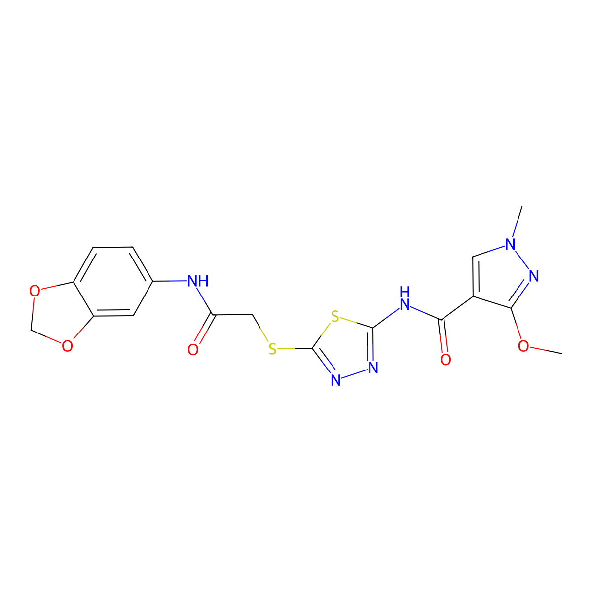 N-[5-({[(2H-1,3-benzodioxol-5-yl)carbamoyl]methyl}sulfanyl)-1,3,4-thiadiazol-2-yl]-3-methoxy-1-methyl-1H-pyrazole-4-carboxamide molecular structure, CAS 1171338-94-5
