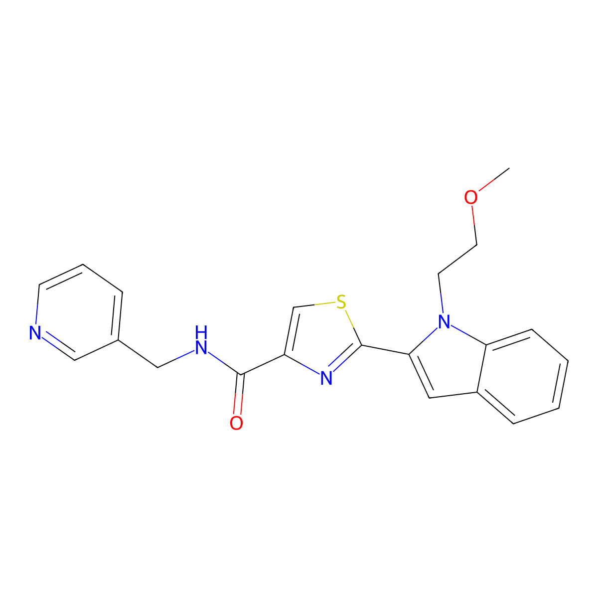 2-(1-(2-methoxyethyl)-1H-indol-2-yl)-N-(pyridin-3-ylmethyl)thiazole-4-carboxamide molecular structure, CAS 1171341-31-3