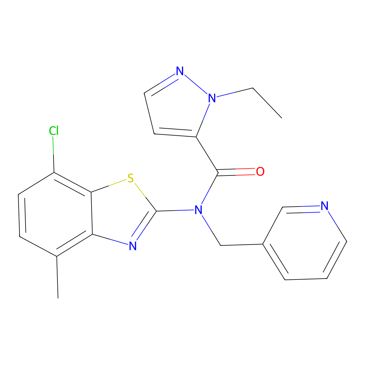 N-(7-chloro-4-methylbenzo[d]thiazol-2-yl)-1-ethyl-N-(pyridin-3-ylmethyl)-1H-pyrazole-5-carboxamide molecular structure, CAS 1171341-82-4