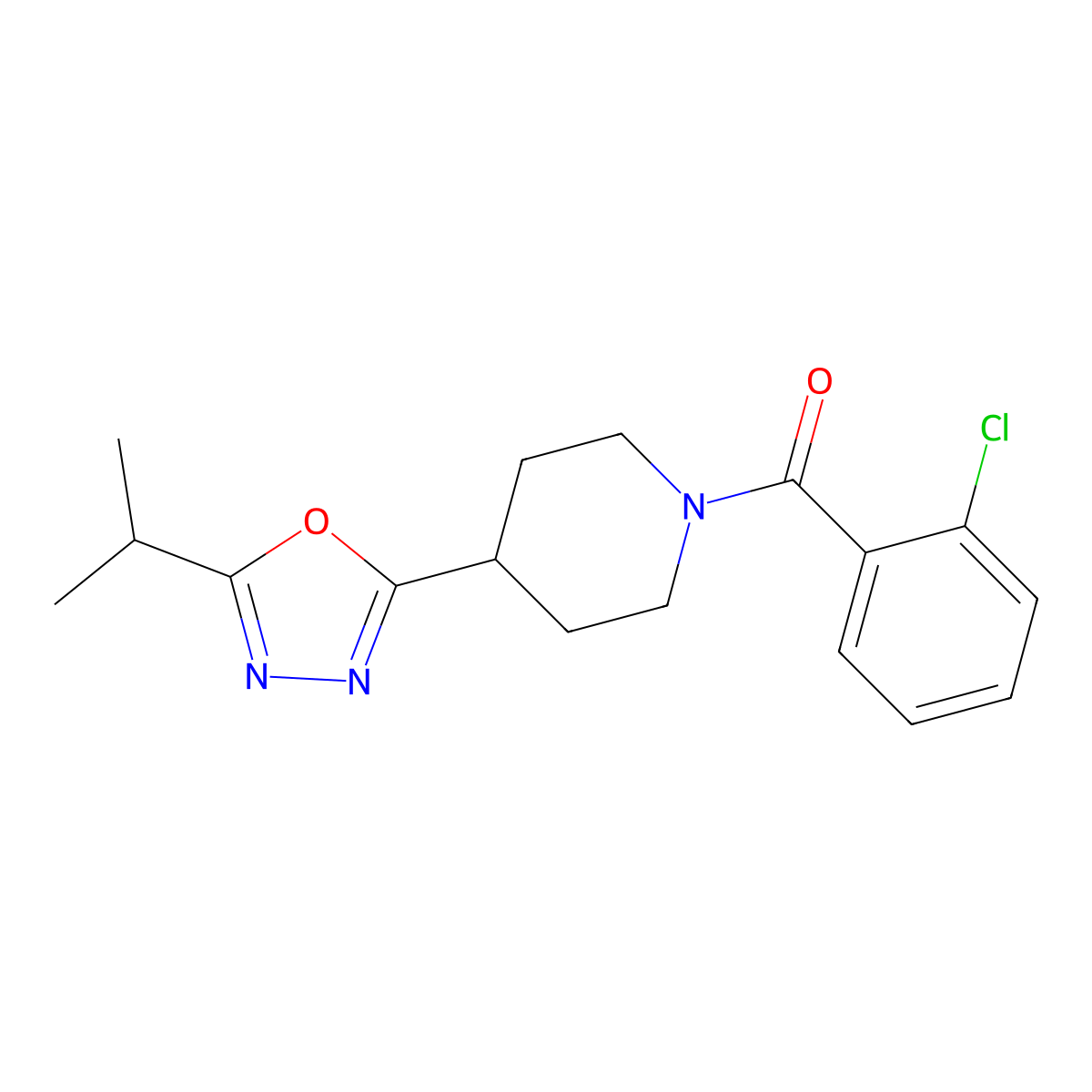(2-Chlorophenyl)(4-(5-isopropyl-1,3,4-oxadiazol-2-yl)piperidin-1-yl)methanone molecular structure, CAS 1171342-01-0
