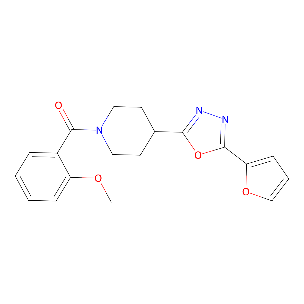 (4-(5-(Furan-2-yl)-1,3,4-oxadiazol-2-yl)piperidin-1-yl)(2-methoxyphenyl)methanone molecular structure, CAS 1171342-25-8