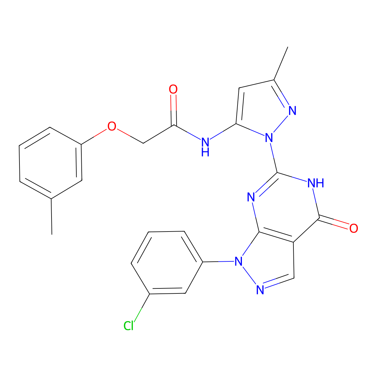 N-(1-(1-(3-chlorophenyl)-4-oxo-4,5-dihydro-1H-pyrazolo[3,4-d]pyrimidin-6-yl)-3-methyl-1H-pyrazol-5-yl)-2-(m-tolyloxy)acetamide molecular structure, CAS 1171342-90-7