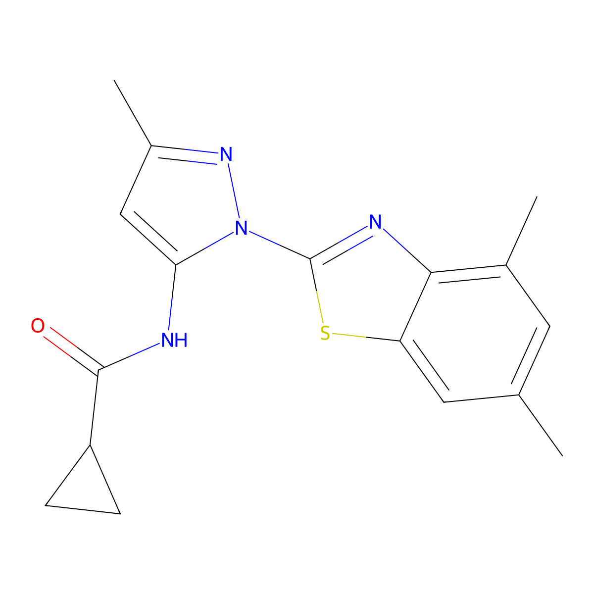 N-(1-(4,6-dimethylbenzo[d]thiazol-2-yl)-3-methyl-1H-pyrazol-5-yl)cyclopropanecarboxamide molecular structure, CAS 1171343-57-9
