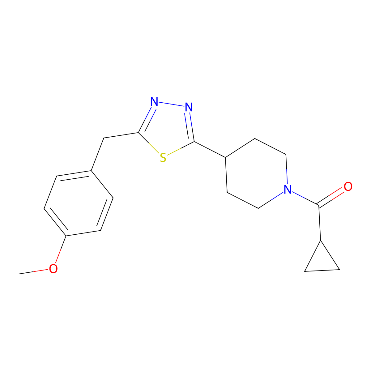 Cyclopropyl(4-(5-(4-methoxybenzyl)-1,3,4-thiadiazol-2-yl)piperidin-1-yl)methanone molecular structure, CAS 1171347-94-6