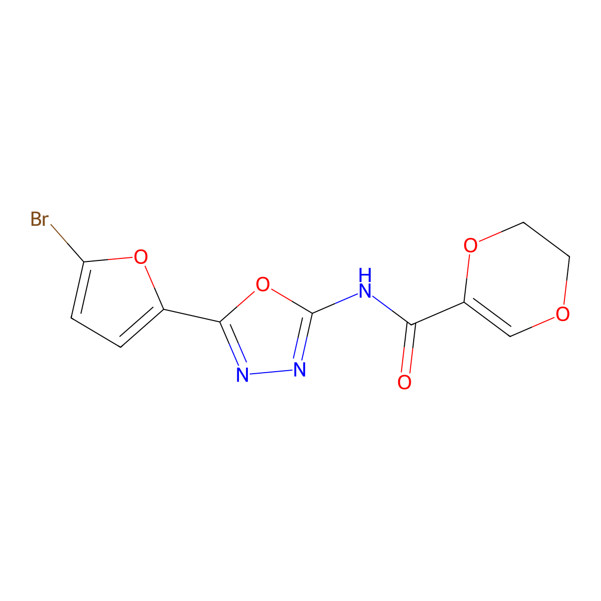 N-[5-(5-bromofuran-2-yl)-1,3,4-oxadiazol-2-yl]-5,6-dihydro-1,4-dioxine-2-carboxamide molecular structure, CAS 1171350-06-3