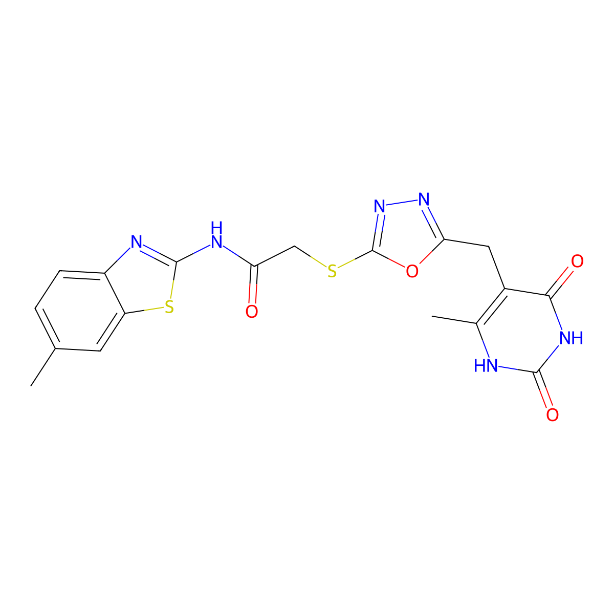 2-((5-((6-methyl-2,4-dioxo-1,2,3,4-tetrahydropyrimidin-5-yl)methyl)-1,3,4-oxadiazol-2-yl)thio)-N-(6-methylbenzo[d]thiazol-2-yl)acetamide molecular structure, CAS 1171350-12-1