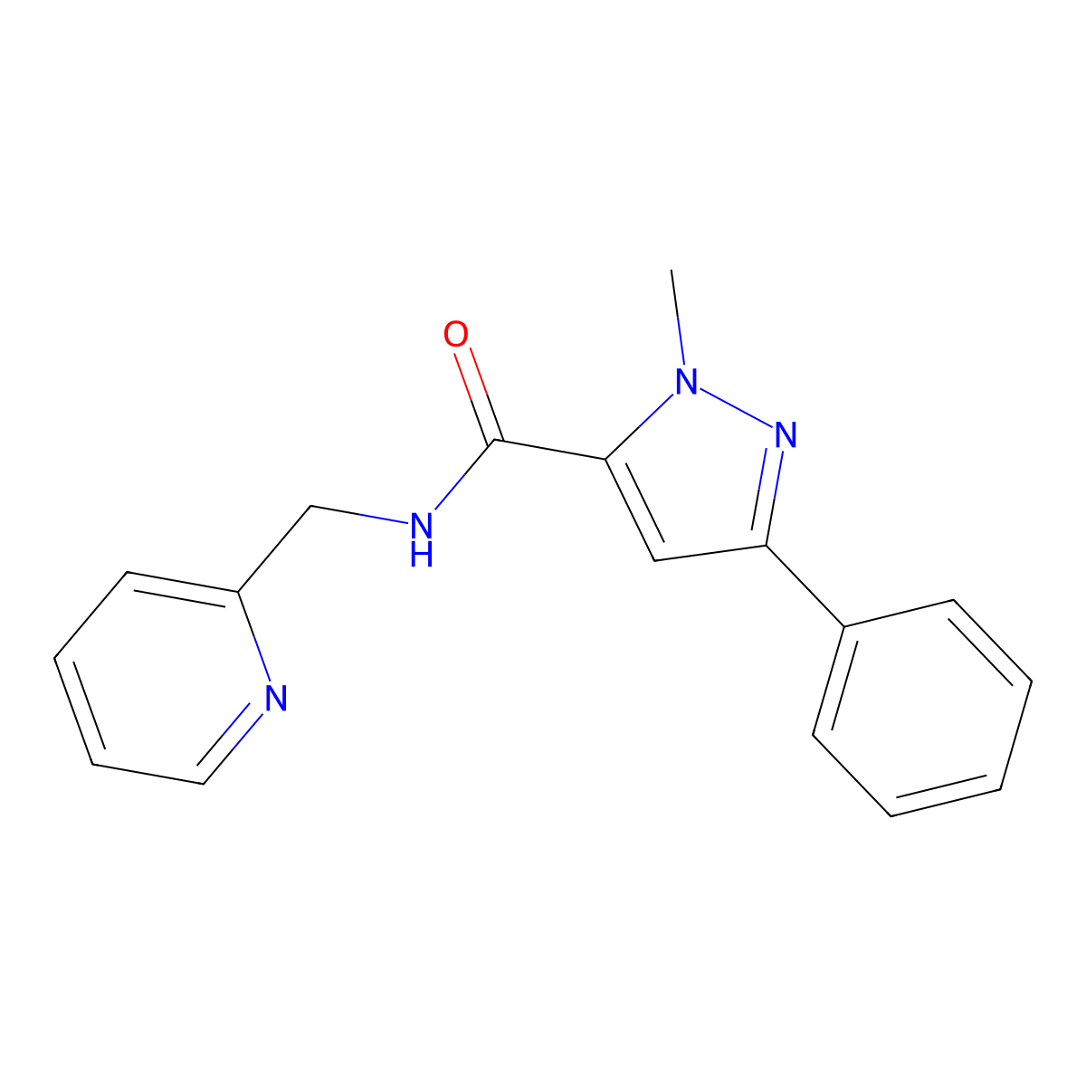 1-methyl-3-phenyl-N-(pyridin-2-ylmethyl)-1H-pyrazole-5-carboxamide molecular structure, CAS 1171351-06-6
