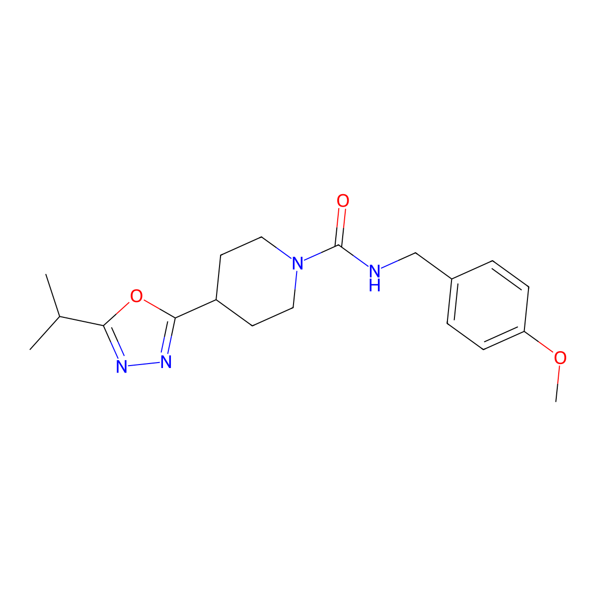 4-(5-isopropyl-1,3,4-oxadiazol-2-yl)-N-(4-methoxybenzyl)piperidine-1-carboxamide molecular structure, CAS 1171351-07-7