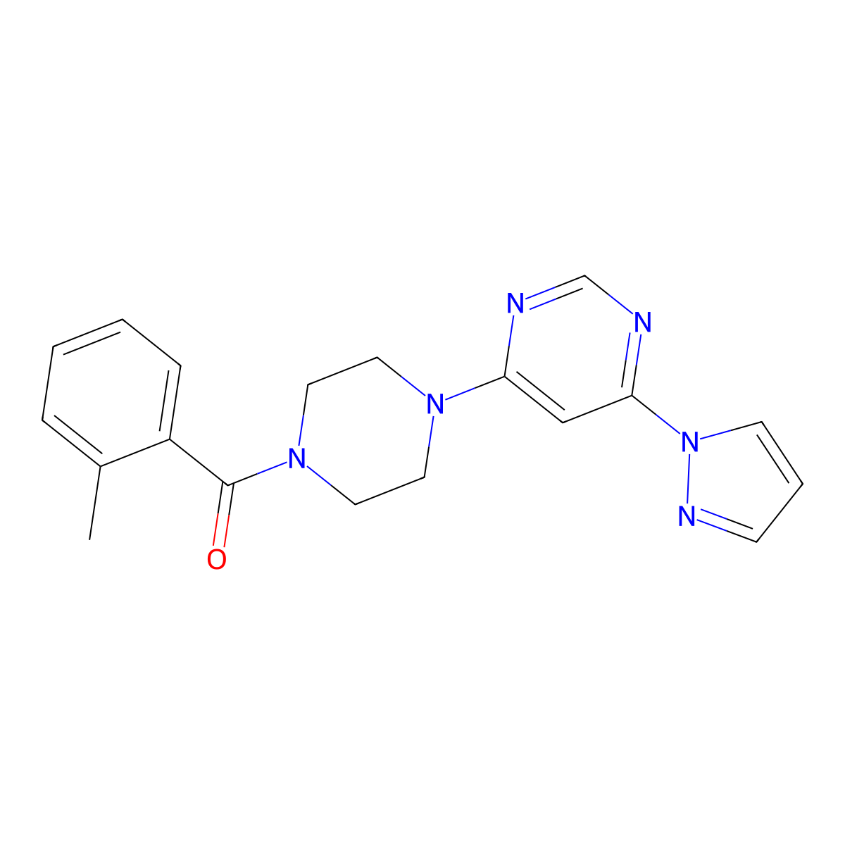 (4-(6-(1H-pyrazol-1-yl)pyrimidin-4-yl)piperazin-1-yl)(o-tolyl)methanone molecular structure, CAS 1171353-05-1