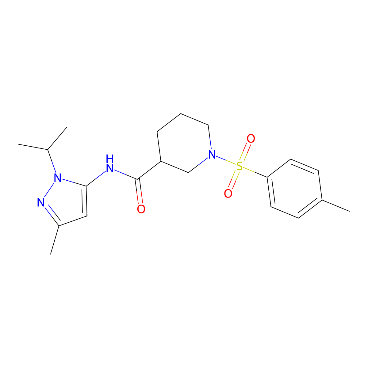 N-(1-isopropyl-3-methyl-1H-pyrazol-5-yl)-1-tosylpiperidine-3-carboxamide molecular structure, CAS 1171353-66-4