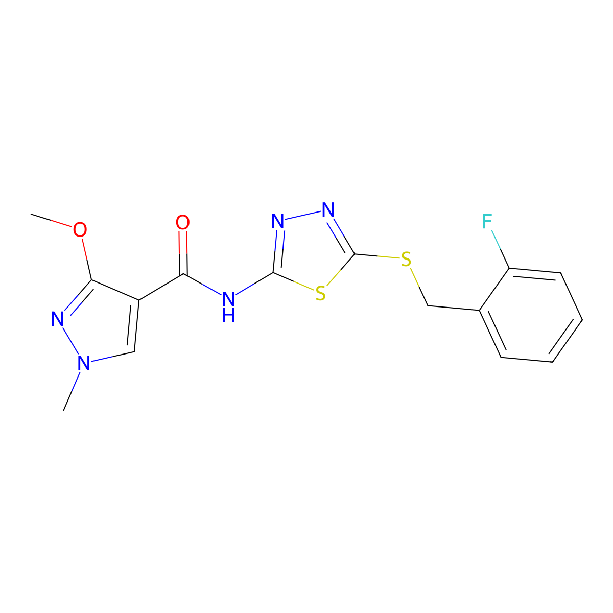 N-(5-((2-fluorobenzyl)thio)-1,3,4-thiadiazol-2-yl)-3-methoxy-1-methyl-1H-pyrazole-4-carboxamide molecular structure, CAS 1171355-85-3
