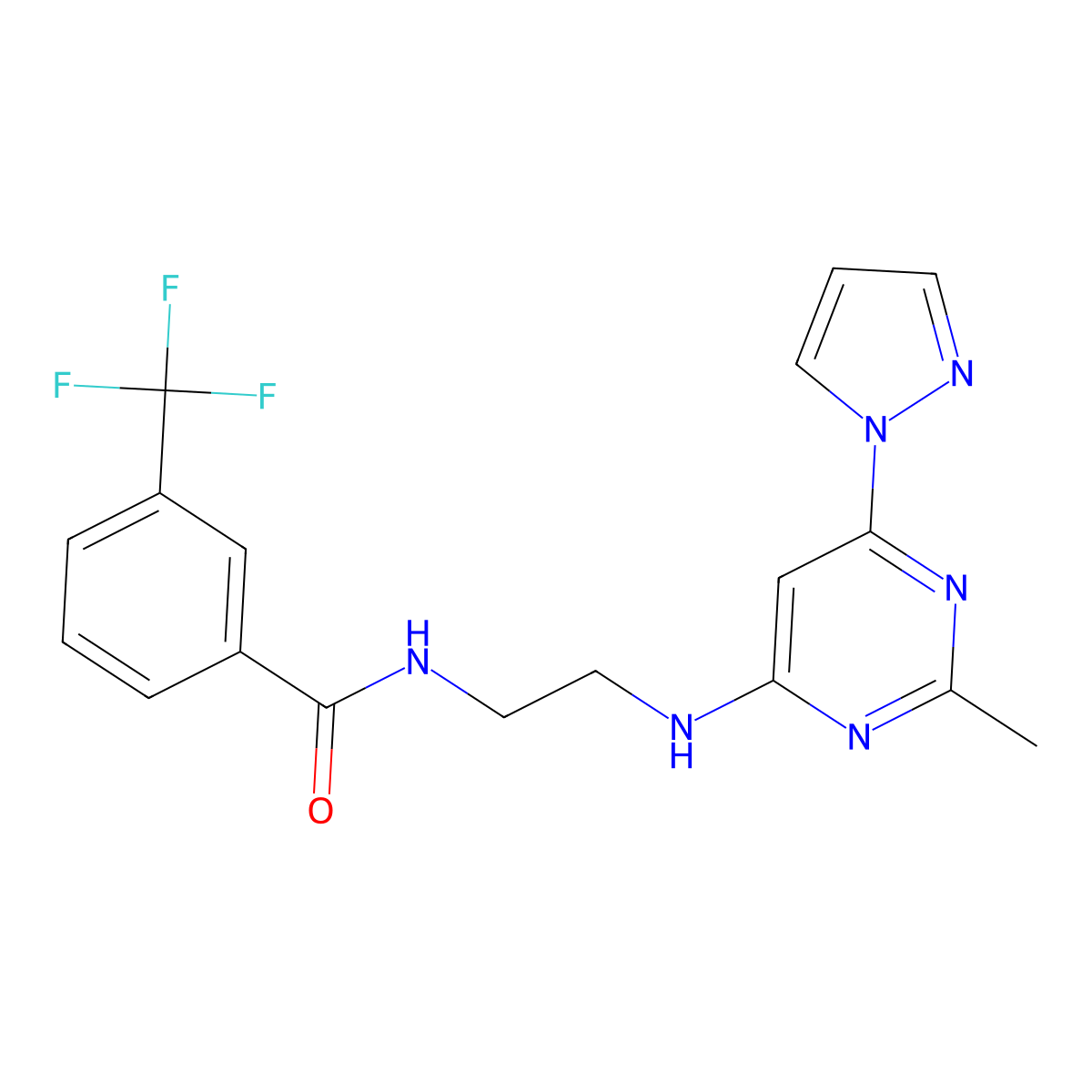 N-(2-((2-methyl-6-(1H-pyrazol-1-yl)pyrimidin-4-yl)amino)ethyl)-3-(trifluoromethyl)benzamide molecular structure, CAS 1171355-95-5
