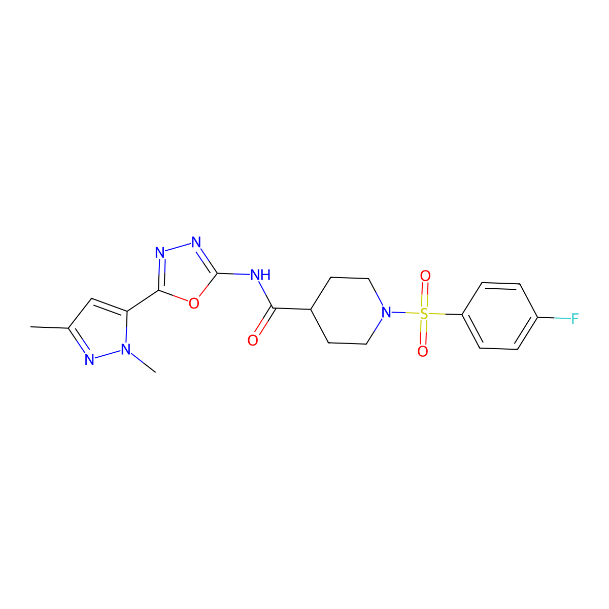 N-[5-(1,3-dimethyl-1H-pyrazol-5-yl)-1,3,4-oxadiazol-2-yl]-1-(4-fluorobenzenesulfonyl)piperidine-4-carboxamide molecular structure, CAS 1171357-03-1