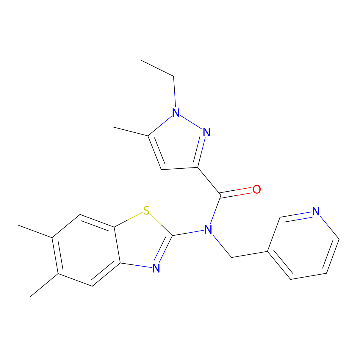N-(5,6-dimethyl-1,3-benzothiazol-2-yl)-1-ethyl-5-methyl-N-[(pyridin-3-yl)methyl]-1H-pyrazole-3-carboxamide molecular structure, CAS 1171357-42-8
