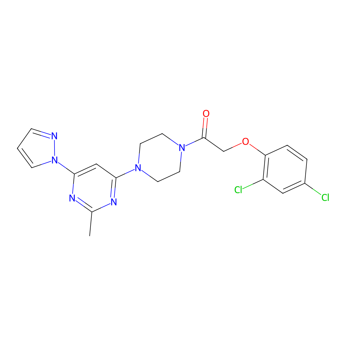 2-(2,4-dichlorophenoxy)-1-(4-(2-methyl-6-(1H-pyrazol-1-yl)pyrimidin-4-yl)piperazin-1-yl)ethanone molecular structure, CAS 1171357-68-8