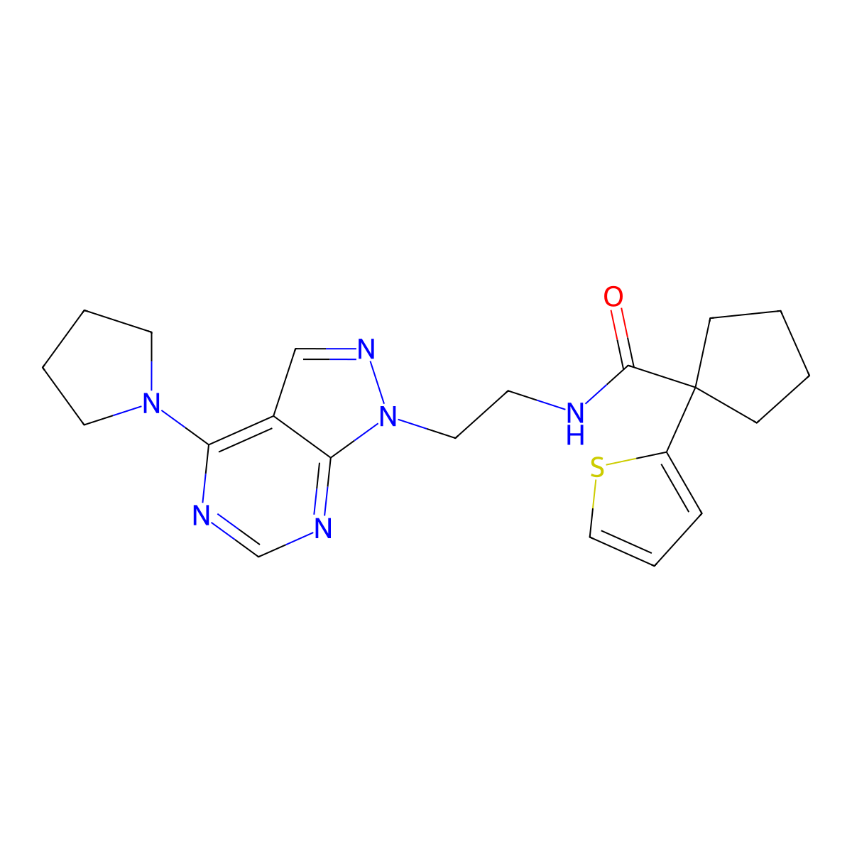 N-{2-[4-(pyrrolidin-1-yl)-1H-pyrazolo[3,4-d]pyrimidin-1-yl]ethyl}-1-(thiophen-2-yl)cyclopentane-1-carboxamide molecular structure, CAS 1171359-83-3