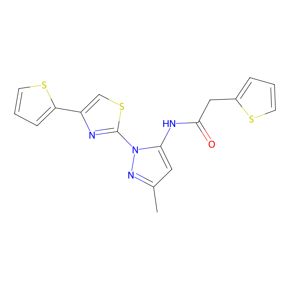 N-(3-methyl-1-(4-(thiophen-2-yl)thiazol-2-yl)-1H-pyrazol-5-yl)-2-(thiophen-2-yl)acetamide molecular structure, CAS 1171360-00-1