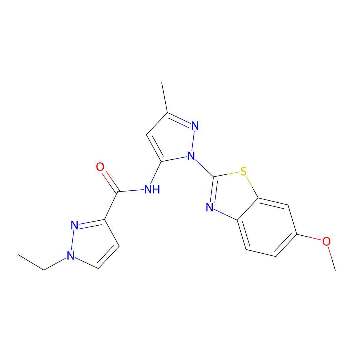 1-ethyl-N-[1-(6-methoxy-1,3-benzothiazol-2-yl)-3-methyl-1H-pyrazol-5-yl]-1H-pyrazole-3-carboxamide molecular structure, CAS 1171360-21-6