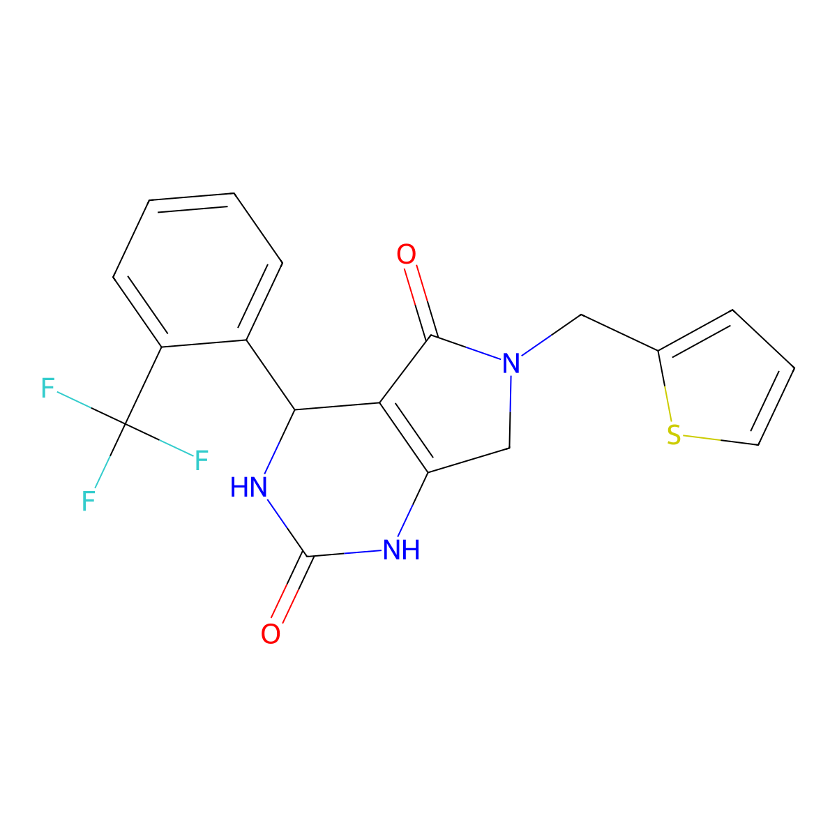 6-(thiophen-2-ylmethyl)-4-(2-(trifluoromethyl)phenyl)-3,4,6,7-tetrahydro-1H-pyrrolo[3,4-d]pyrimidine-2,5-dione molecular structure, CAS 1171360-43-2