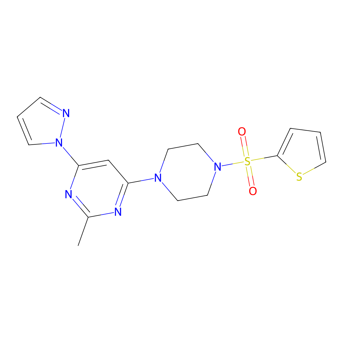 2-methyl-4-(1H-pyrazol-1-yl)-6-(4-(thiophen-2-ylsulfonyl)piperazin-1-yl)pyrimidine molecular structure, CAS 1171361-03-7