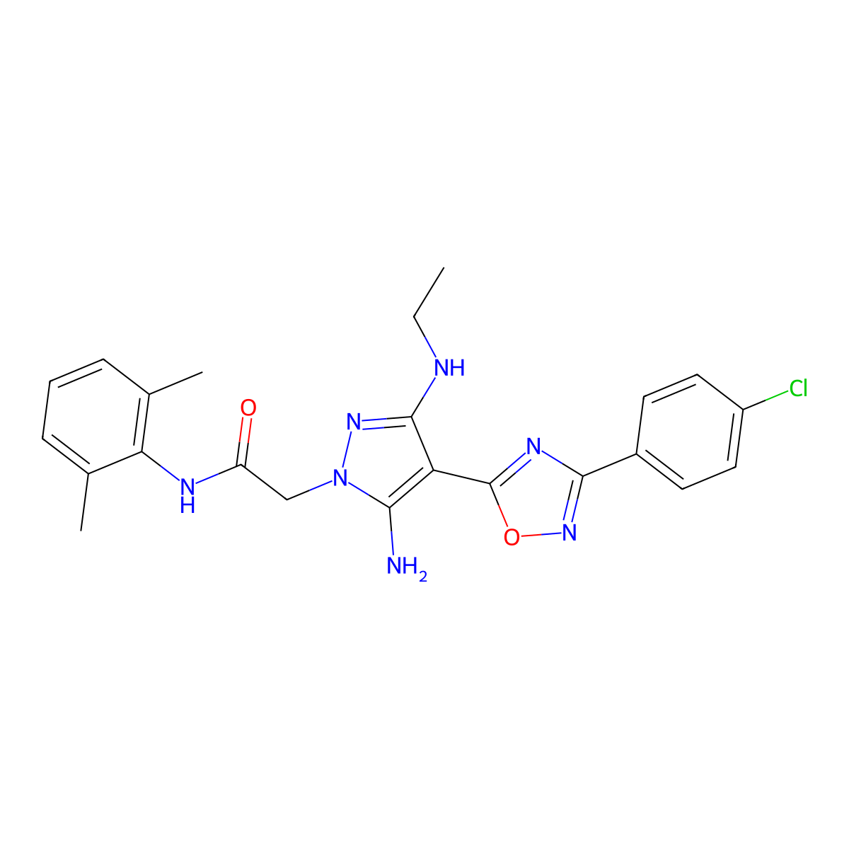 2-{5-amino-4-[3-(4-chlorophenyl)-1,2,4-oxadiazol-5-yl]-3-(ethylamino)-1H-pyrazol-1-yl}-N-(2,6-dimethylphenyl)acetamide molecular structure, CAS 1171362-78-9
