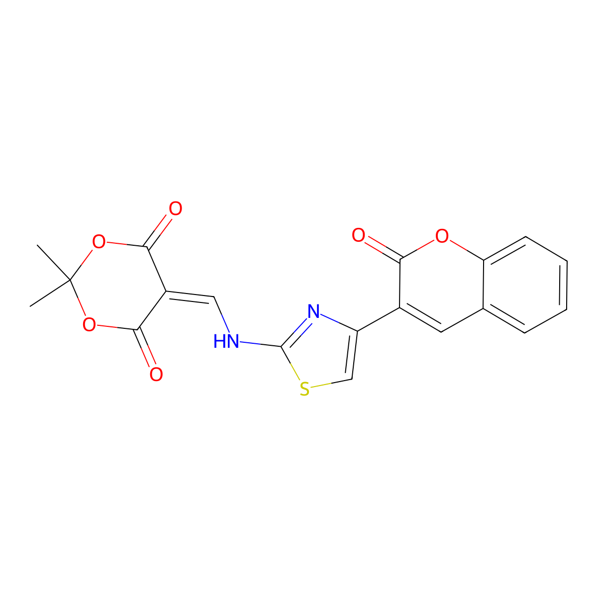 2,2-dimethyl-5-(((4-(2-oxo-2H-chromen-3-yl)thiazol-2-yl)amino)methylene)-1,3-dioxane-4,6-dione molecular structure, CAS 1171363-94-2