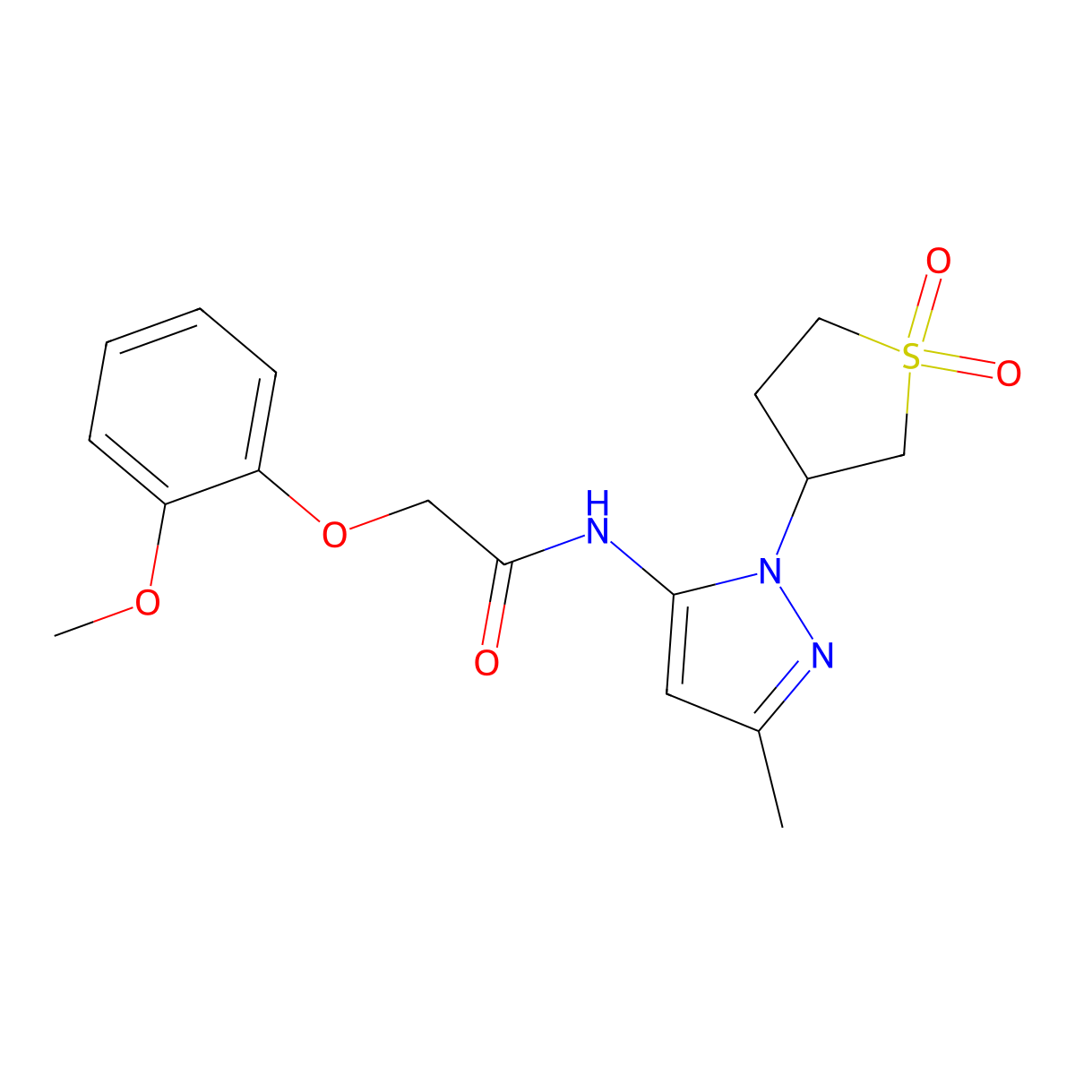 N-(1-(1,1-dioxidotetrahydrothiophen-3-yl)-3-methyl-1H-pyrazol-5-yl)-2-(2-methoxyphenoxy)acetamide molecular structure, CAS 1171364-86-5