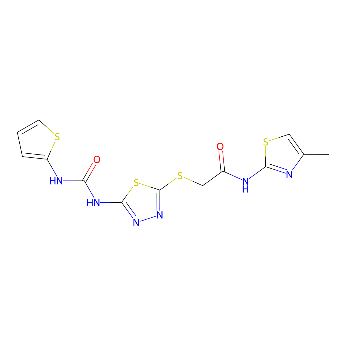 N-(4-methylthiazol-2-yl)-2-((5-(3-(thiophen-2-yl)ureido)-1,3,4-thiadiazol-2-yl)thio)acetamide molecular structure, CAS 1171365-16-4