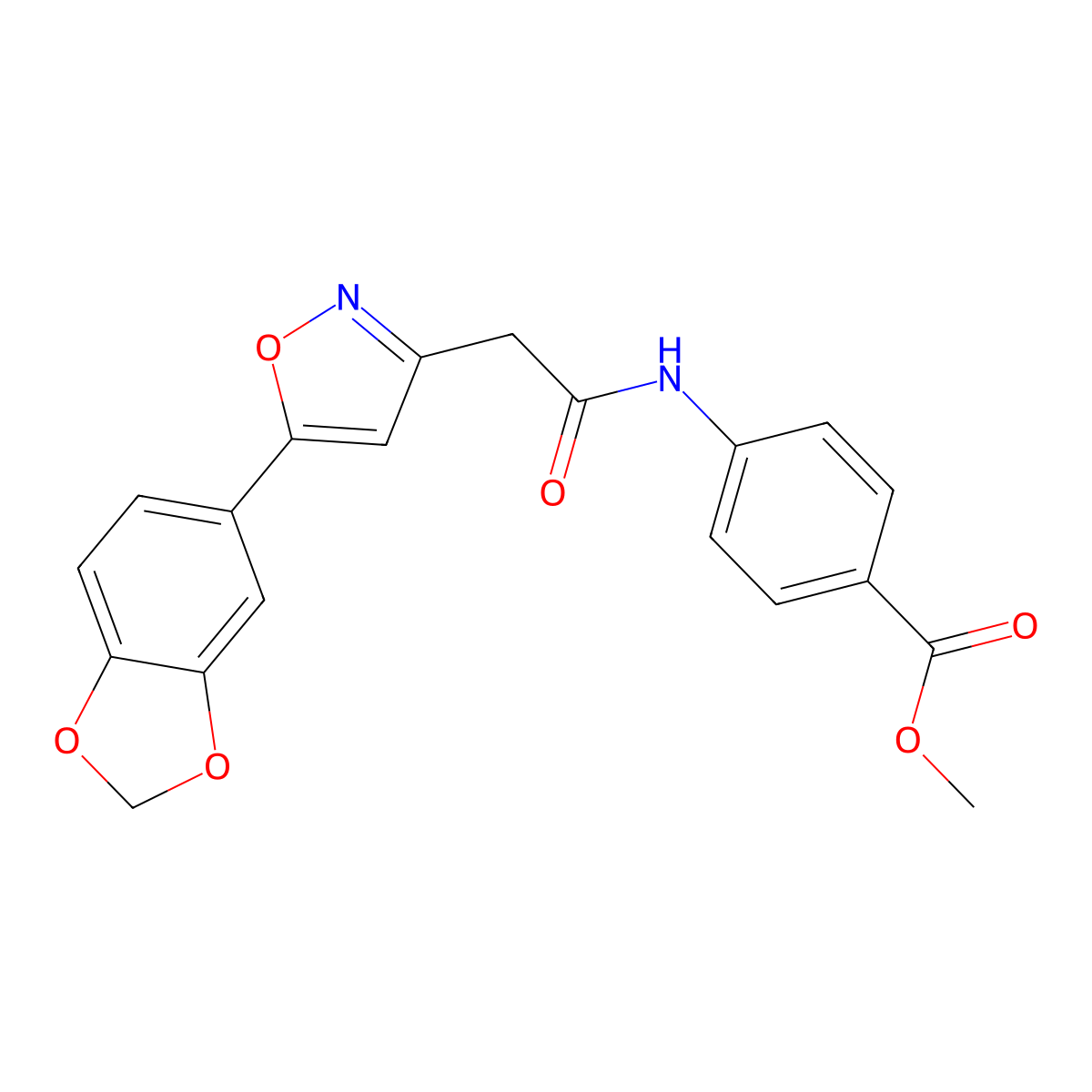Methyl 4-(2-(5-(benzo[d][1,3]dioxol-5-yl)isoxazol-3-yl)acetamido)benzoate molecular structure, CAS 1171365-86-8