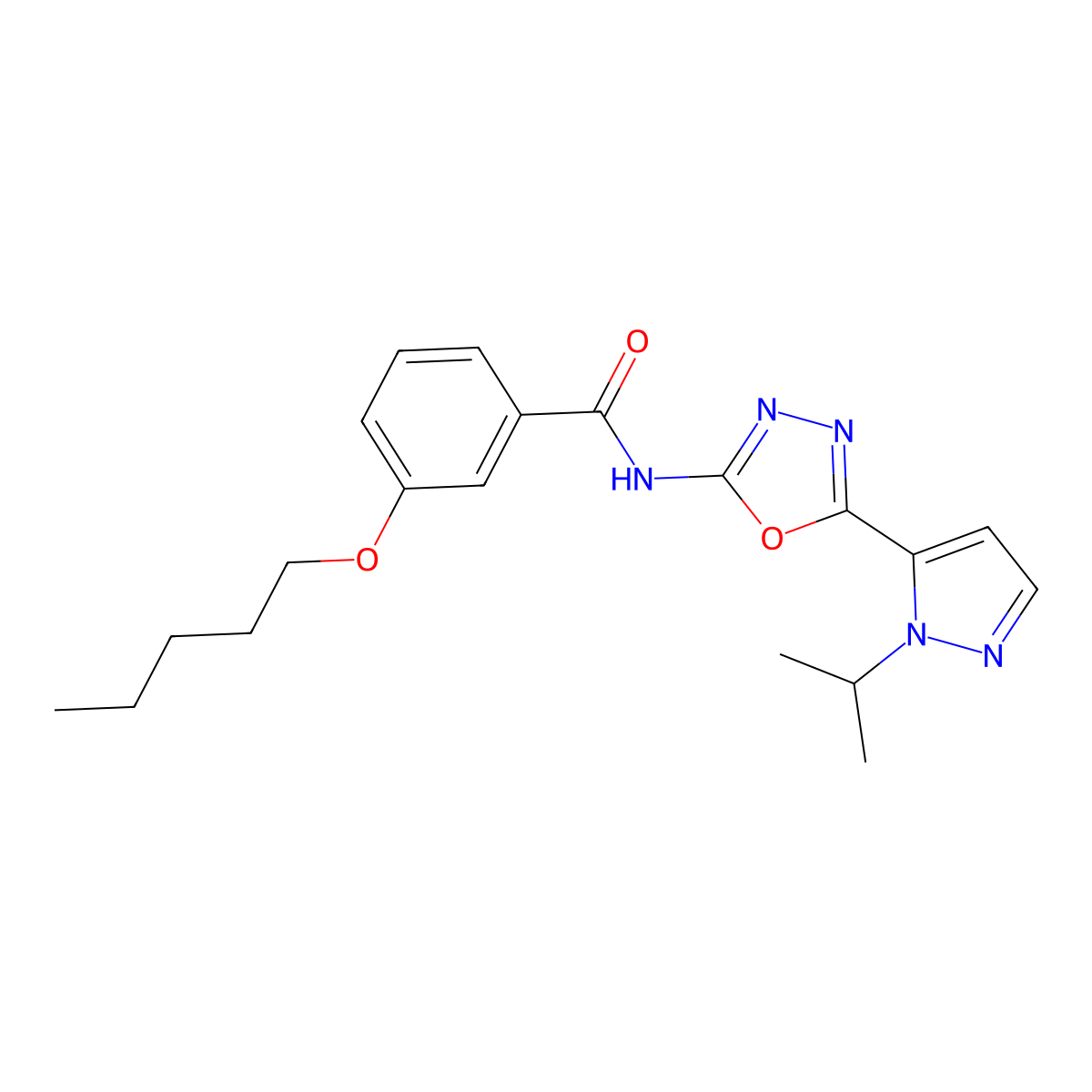 N-(5-(1-isopropyl-1H-pyrazol-5-yl)-1,3,4-oxadiazol-2-yl)-3-(pentyloxy)benzamide molecular structure, CAS 1171366-29-2