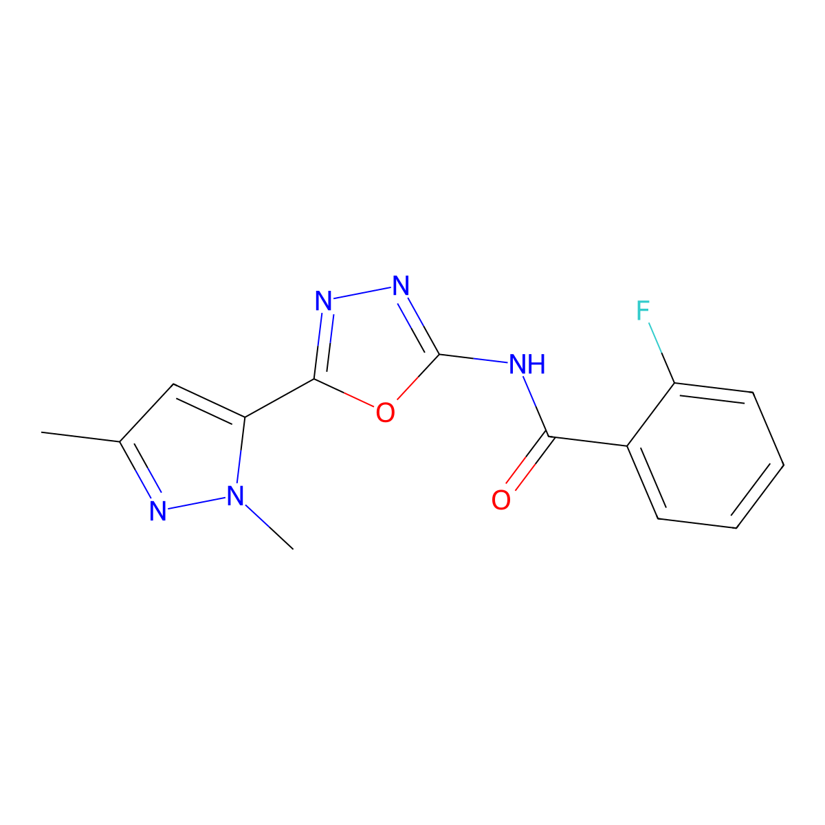 N-[5-(1,3-dimethyl-1H-pyrazol-5-yl)-1,3,4-oxadiazol-2-yl]-2-fluorobenzamide molecular structure, CAS 1171368-15-2