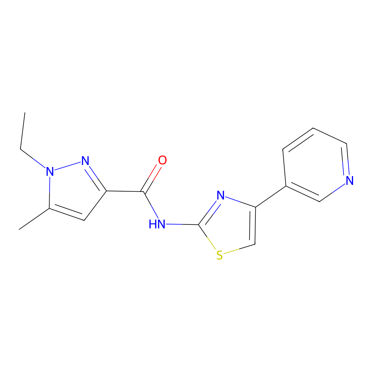 1-ethyl-5-methyl-N-[4-(pyridin-3-yl)-1,3-thiazol-2-yl]-1H-pyrazole-3-carboxamide molecular structure, CAS 1171368-63-0