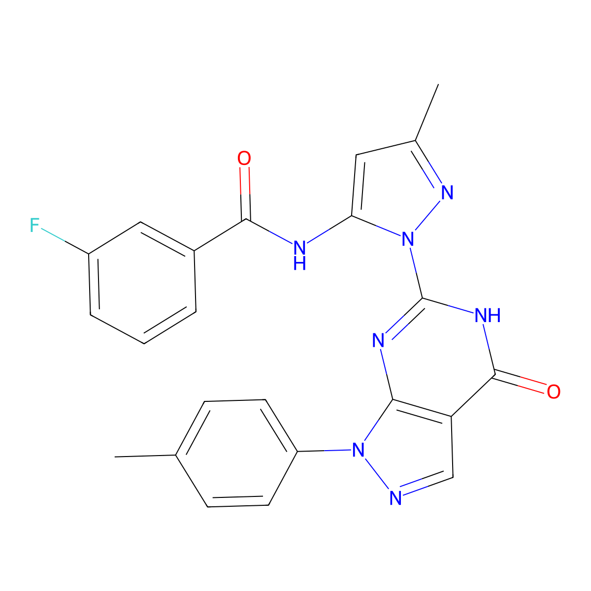 3-fluoro-N-(3-methyl-1-(4-oxo-1-(p-tolyl)-4,5-dihydro-1H-pyrazolo[3,4-d]pyrimidin-6-yl)-1H-pyrazol-5-yl)benzamide molecular structure, CAS 1171369-74-6