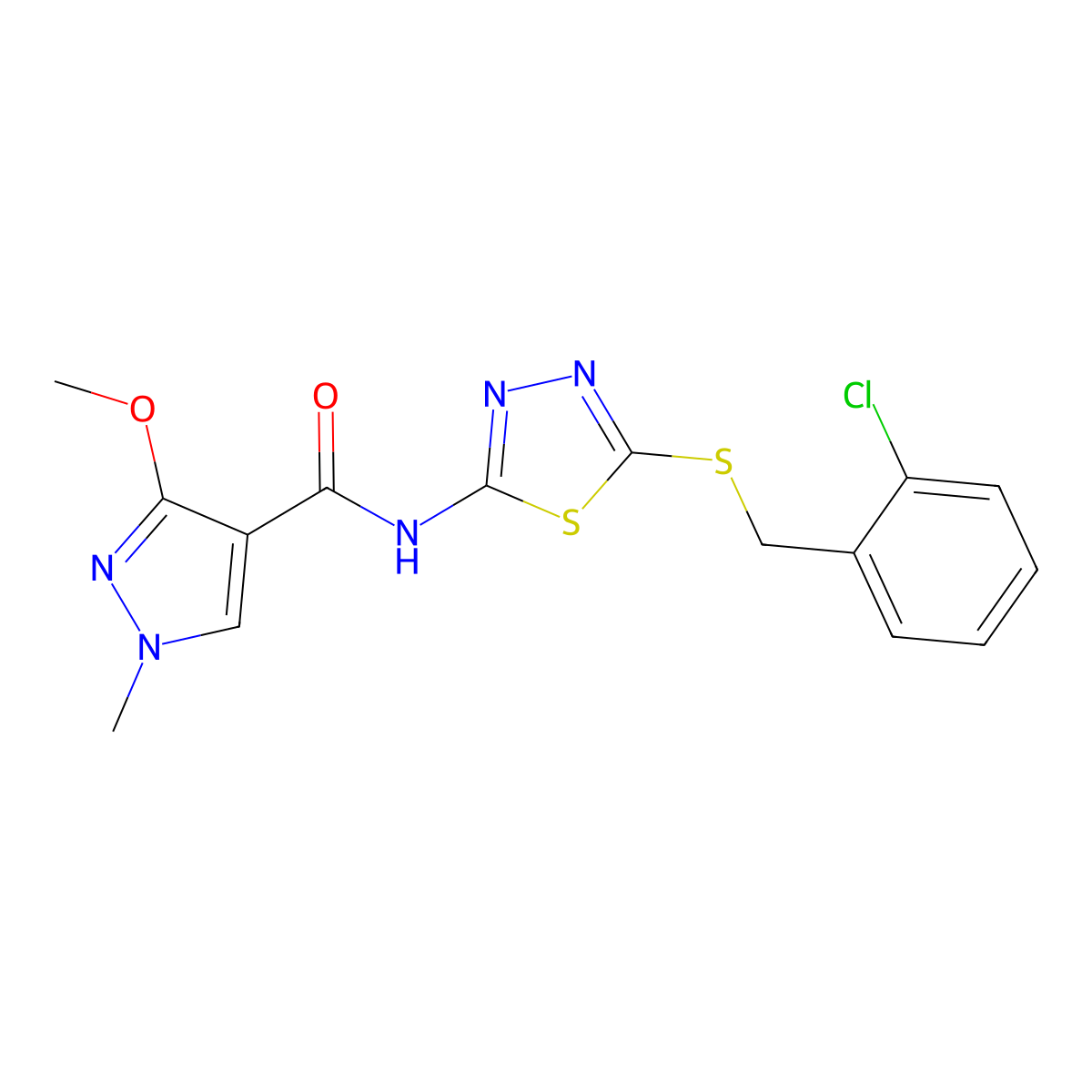 N-(5-((2-chlorobenzyl)thio)-1,3,4-thiadiazol-2-yl)-3-methoxy-1-methyl-1H-pyrazole-4-carboxamide molecular structure, CAS 1171371-06-4