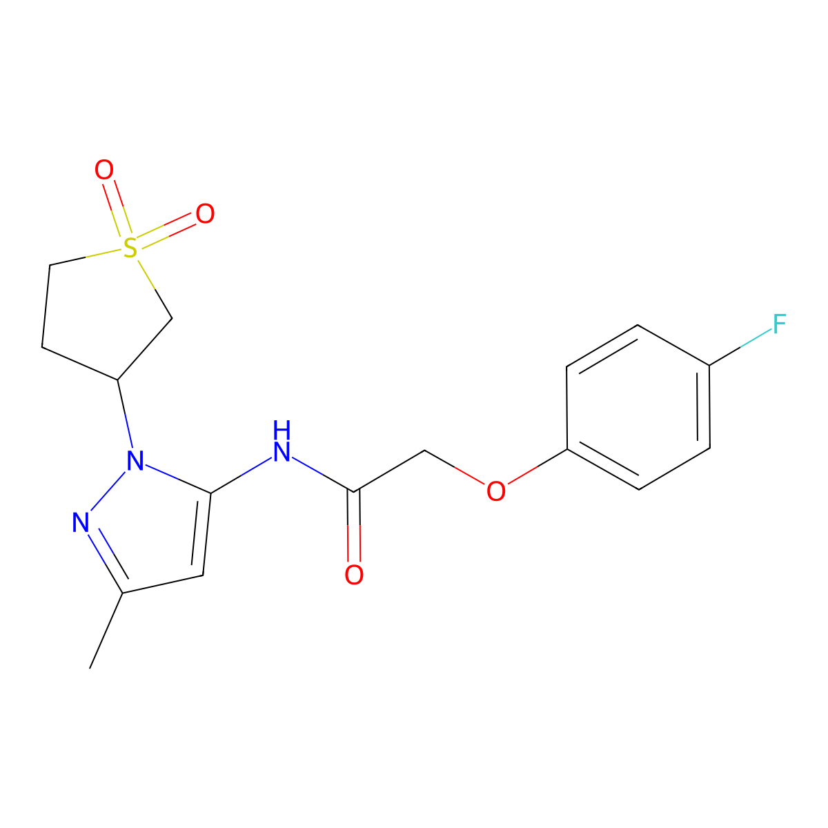 N-(1-(1,1-dioxidotetrahydrothiophen-3-yl)-3-methyl-1H-pyrazol-5-yl)-2-(4-fluorophenoxy)acetamide molecular structure, CAS 1171371-90-6