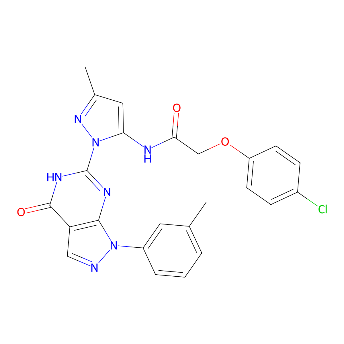2-(4-chlorophenoxy)-N-(3-methyl-1-(4-oxo-1-(m-tolyl)-4,5-dihydro-1H-pyrazolo[3,4-d]pyrimidin-6-yl)-1H-pyrazol-5-yl)acetamide molecular structure, CAS 1171372-63-6