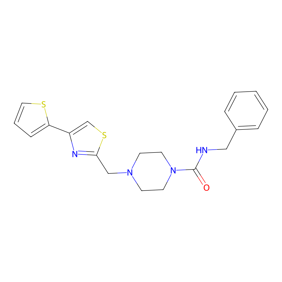 N-benzyl-4-((4-(thiophen-2-yl)thiazol-2-yl)methyl)piperazine-1-carboxamide molecular structure, CAS 1171374-45-0