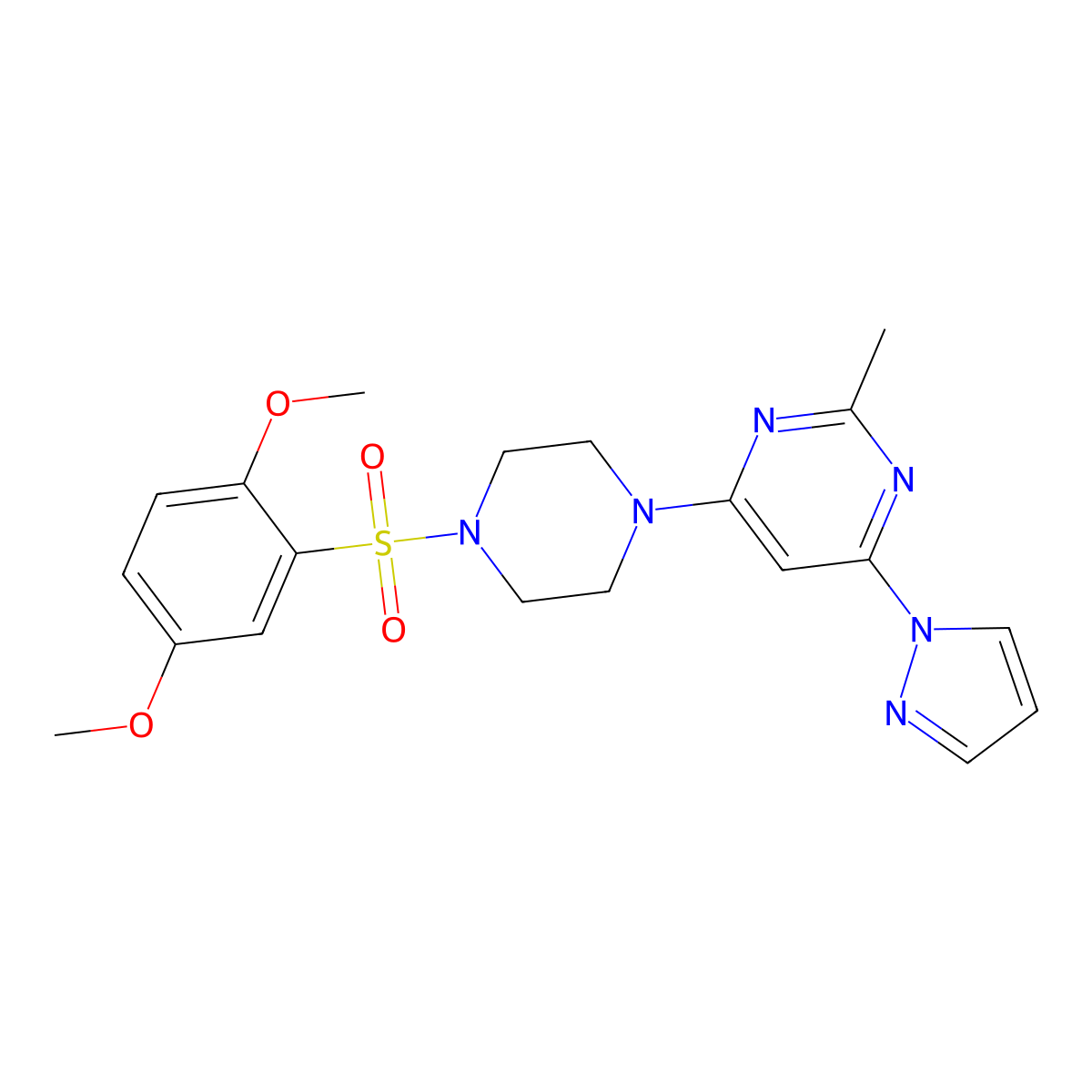 4-(4-((2,5-dimethoxyphenyl)sulfonyl)piperazin-1-yl)-2-methyl-6-(1H-pyrazol-1-yl)pyrimidine molecular structure, CAS 1171376-17-2